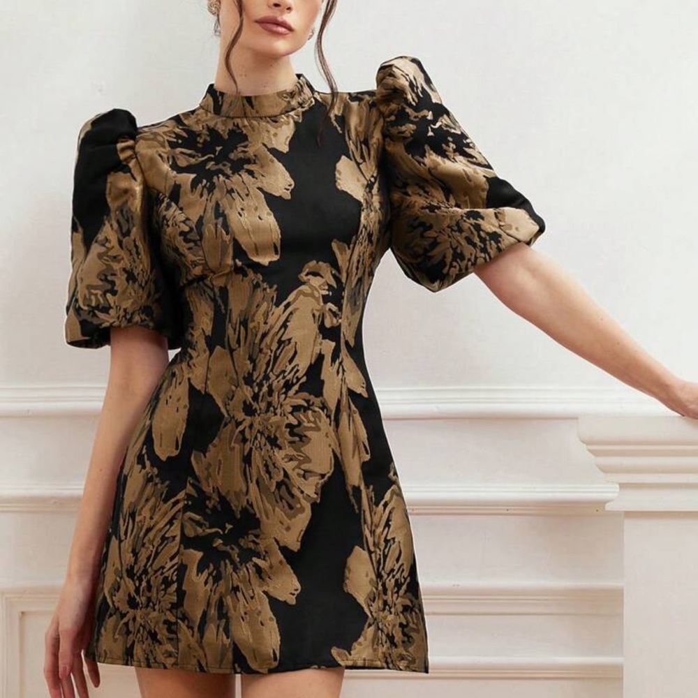 Rebellious Rose Black and Gold Floral Mini Dress